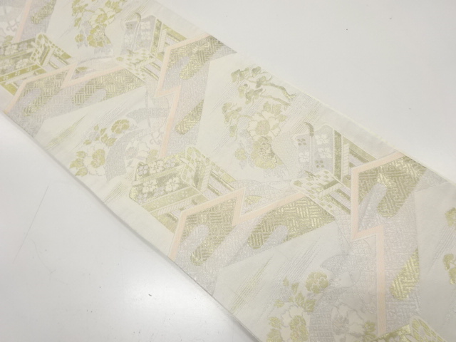 アンティーク　御所車に松・牡丹・古典柄織り出し袋帯（材料）